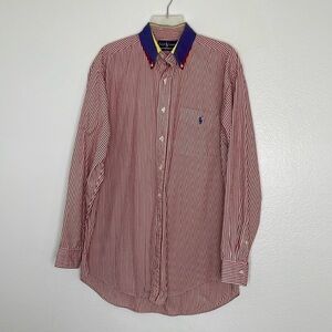Vintage Ralph Lauren Contrast Collar Large Red Striped Cotton Button-Down Shirt